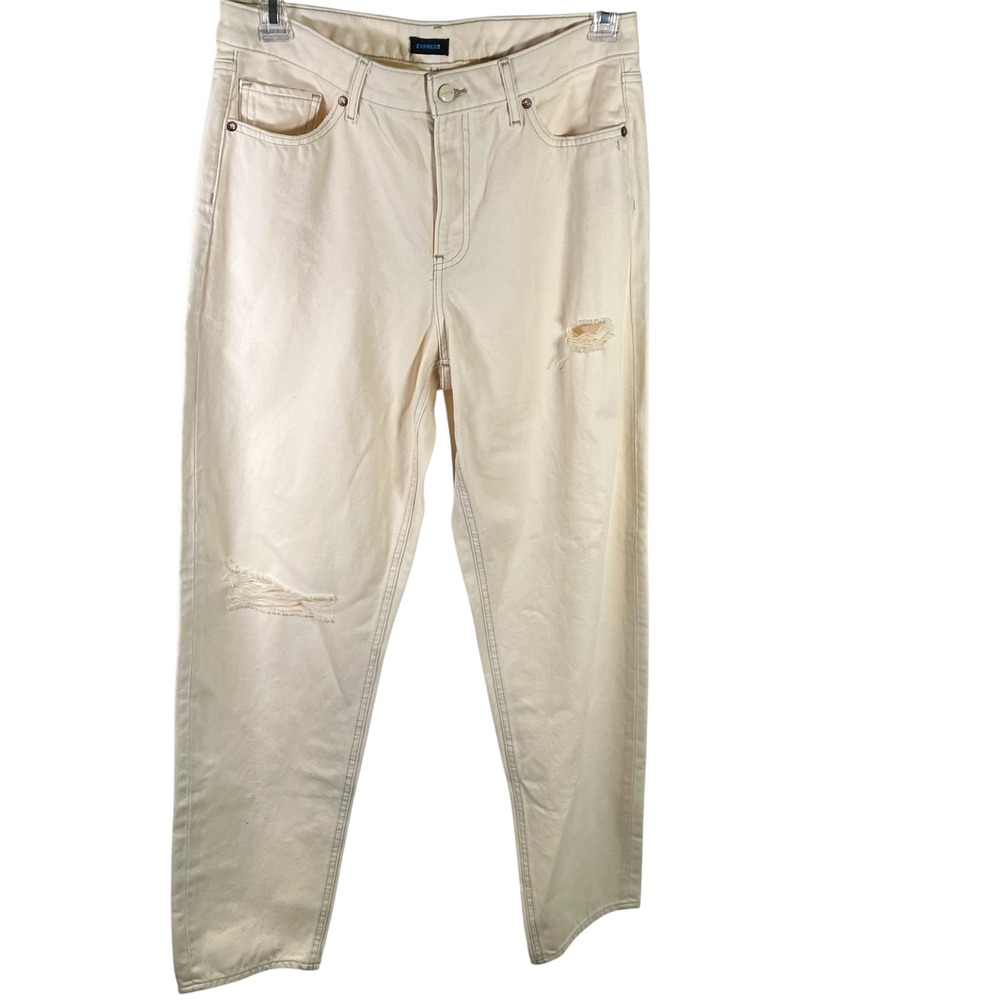 Express Womens Jeans Size 10R Beige Distressed Denim High Rise Mom Jeans